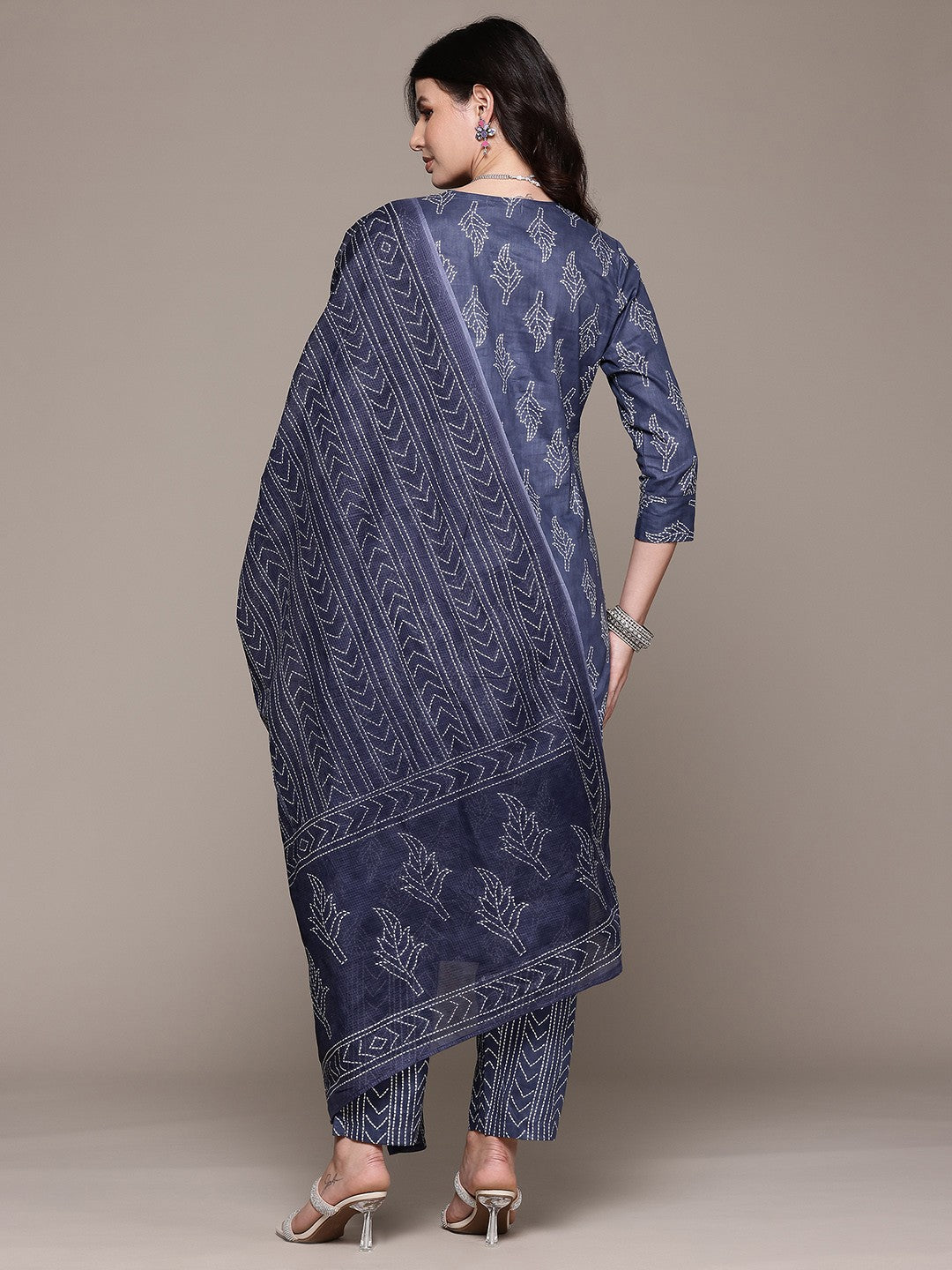 Straight Style Cotton Fabric Blue Color Kurta And Bottom With Dupatta