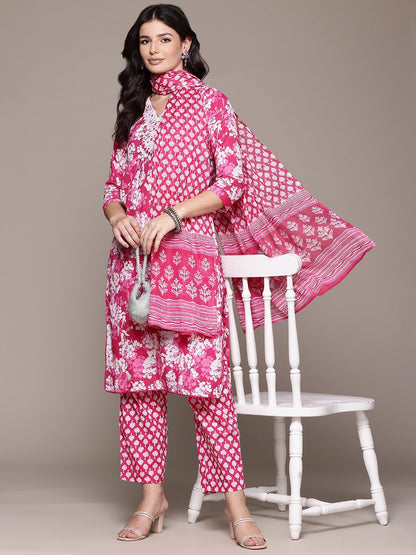 Straight Style Cotton Fabric Magenta Color Kurta And Bottom With Dupatta