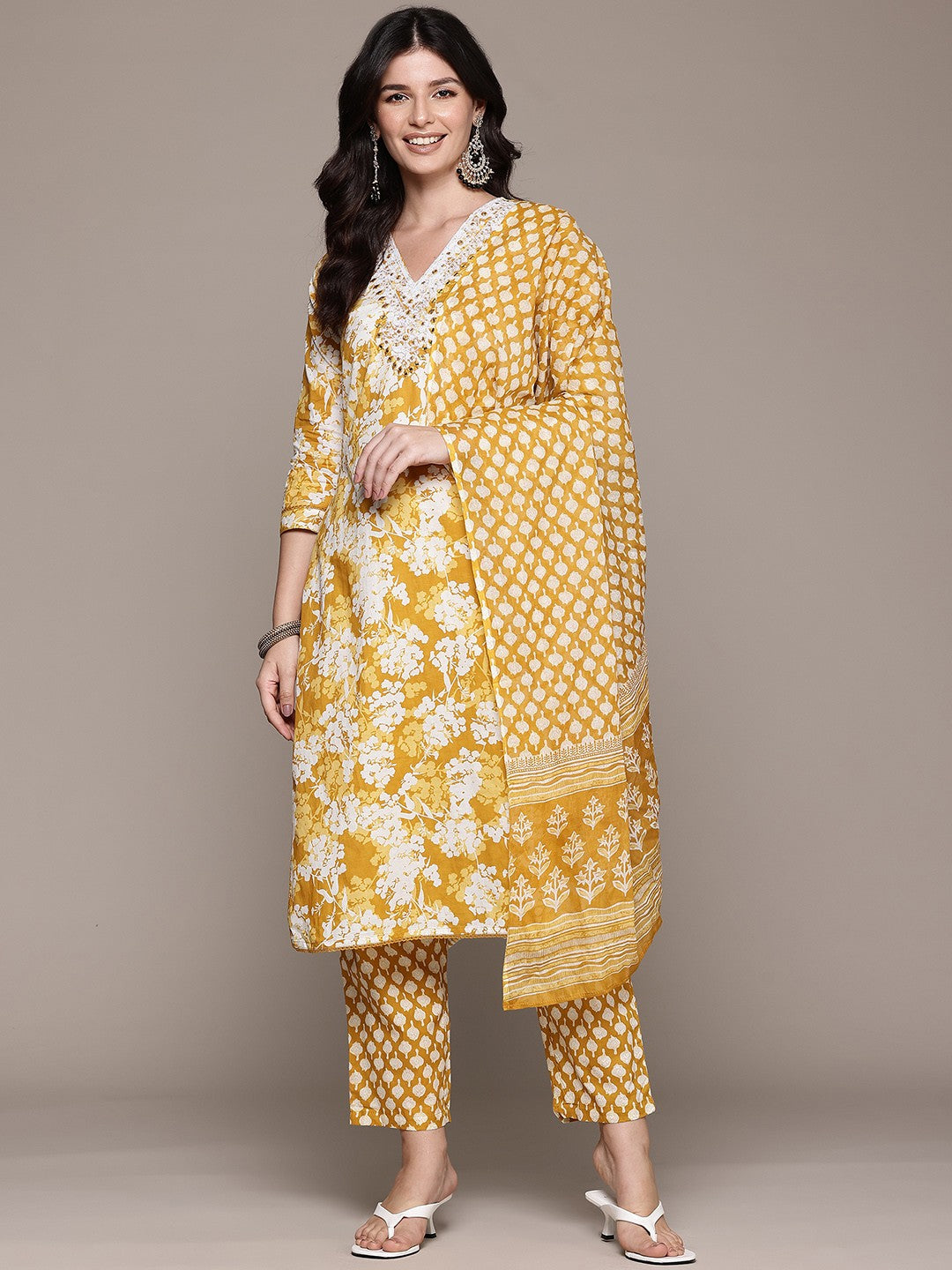 Straight Style Cotton Fabric Yellow Color Kurta And Bottom With Dupatta