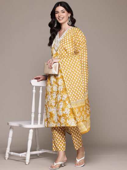 Straight Style Cotton Fabric Yellow Color Kurta And Bottom With Dupatta