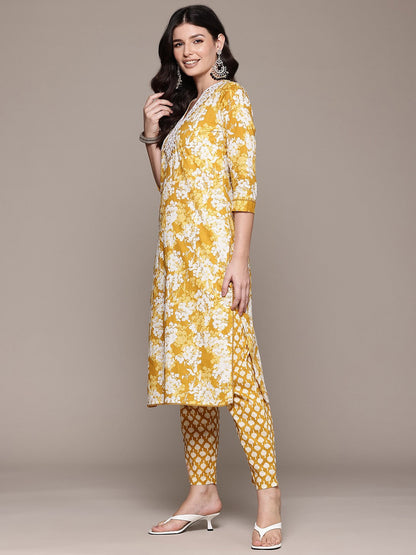 Straight Style Cotton Fabric Yellow Color Kurta And Bottom With Dupatta