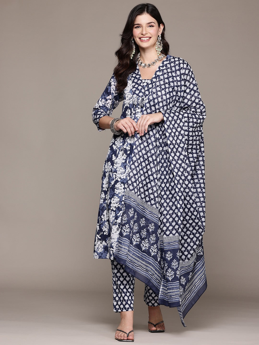 A Line Style Cotton Fabric Blue Color Kurta And Bottom With Dupatta