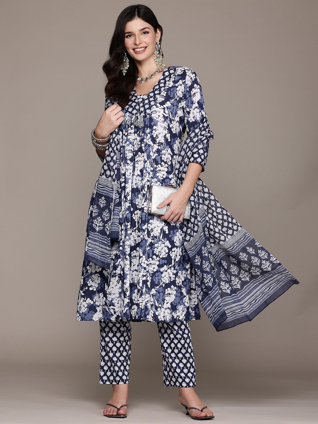 A Line Style Cotton Fabric Blue Color Kurta And Bottom With Dupatta