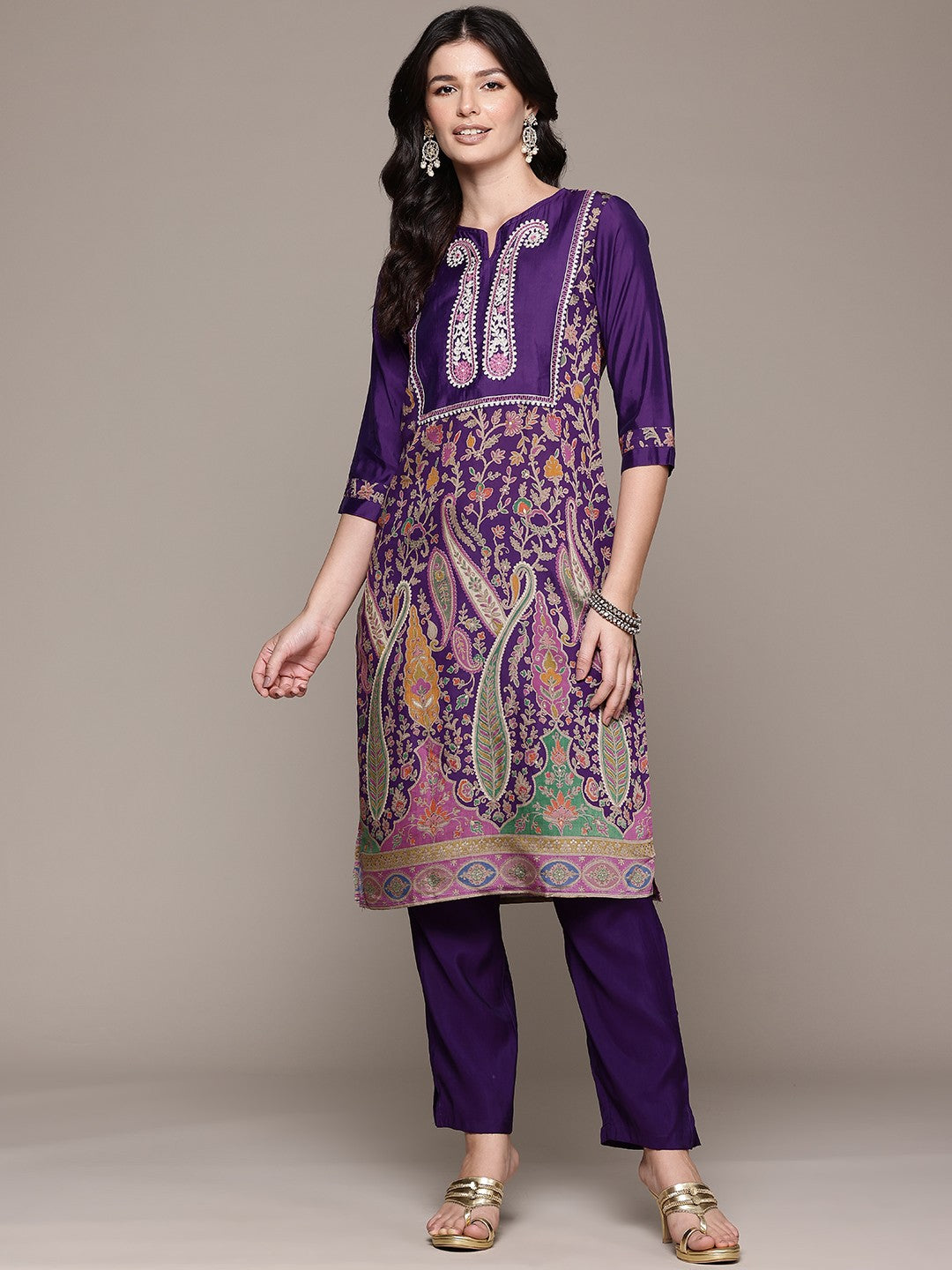 Straight Style Silk Fabric Violet Color Kurta With Bottom