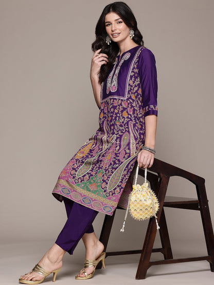 Straight Style Silk Fabric Violet Color Kurta With Bottom