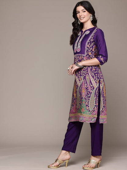 Straight Style Silk Fabric Violet Color Kurta With Bottom