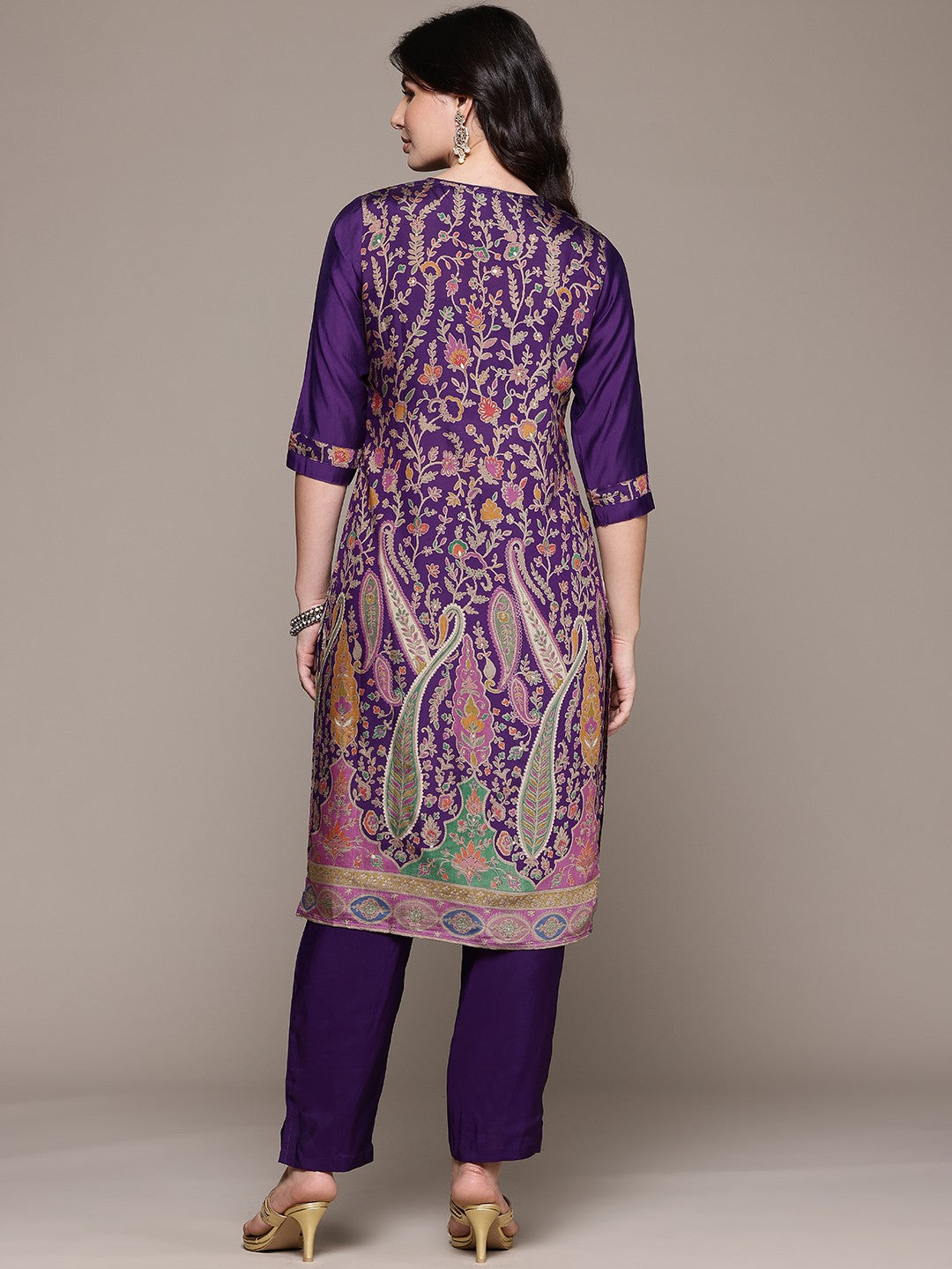 Straight Style Silk Fabric Violet Color Kurta With Bottom