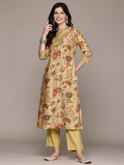 Straight Style Silk Fabric Mustard Color Kurta With Bottom