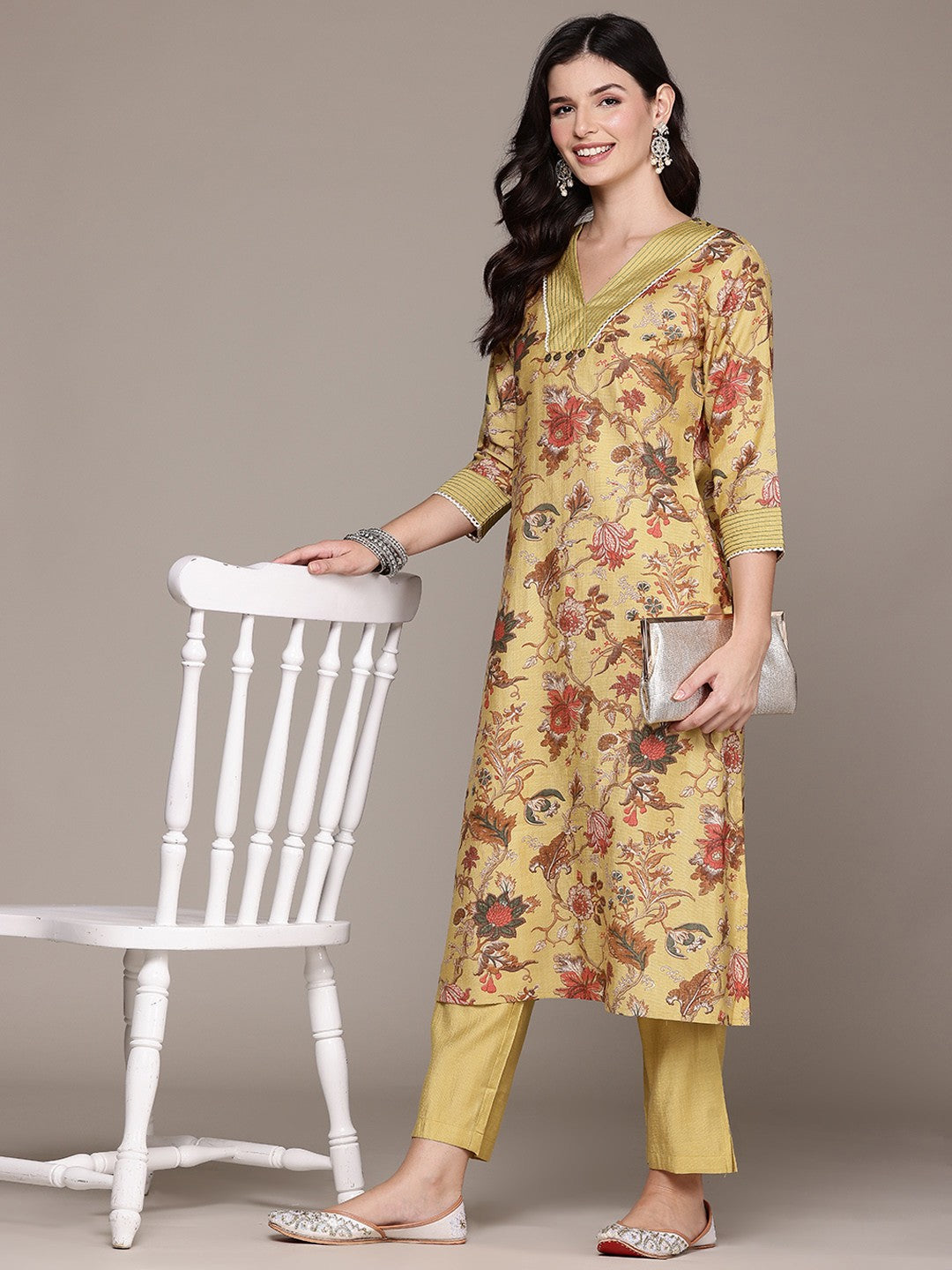 Straight Style Silk Fabric Mustard Color Kurta With Bottom