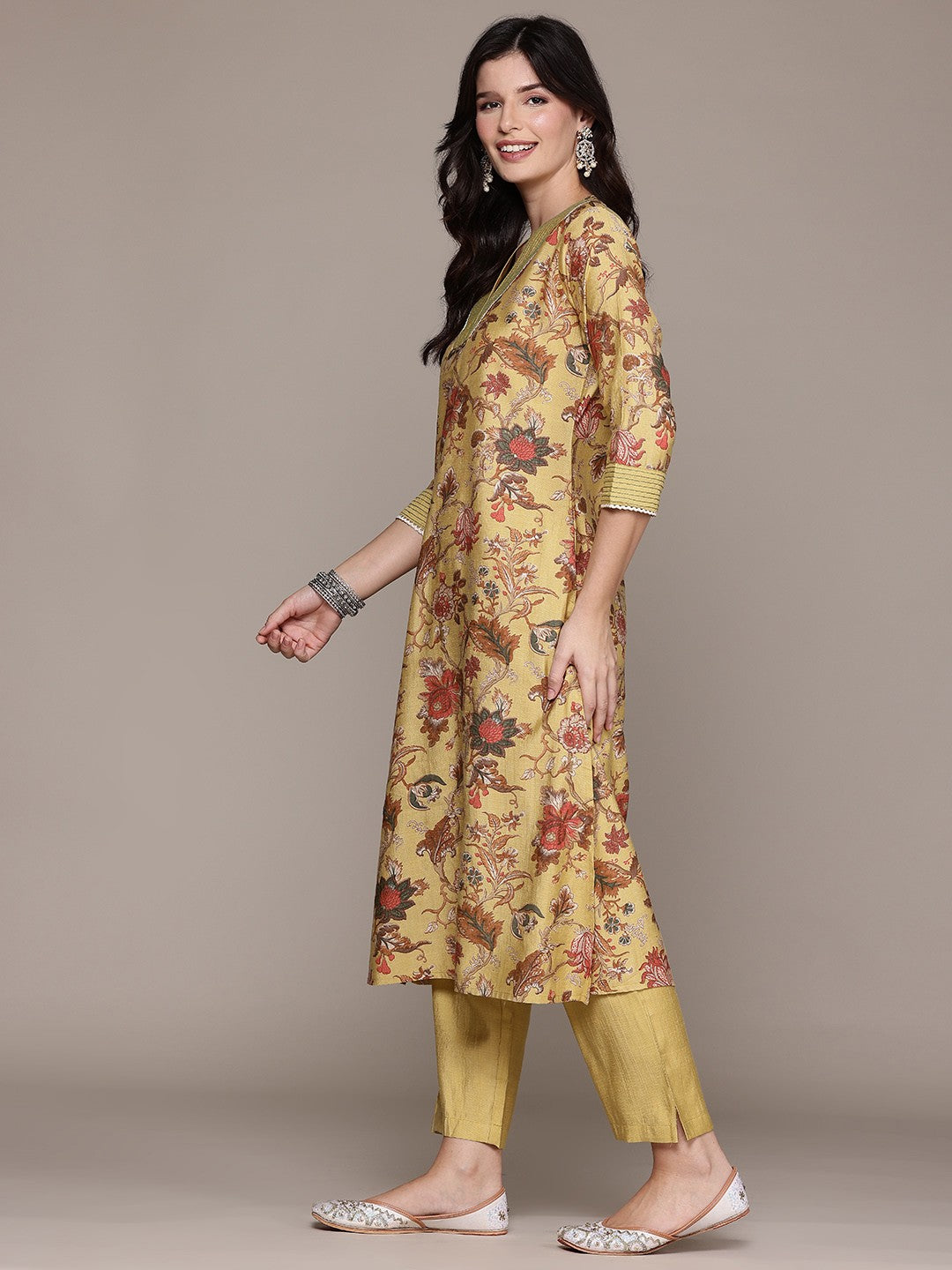 Straight Style Silk Fabric Mustard Color Kurta With Bottom