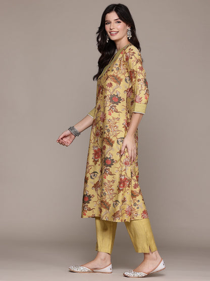 Straight Style Silk Fabric Mustard Color Kurta With Bottom