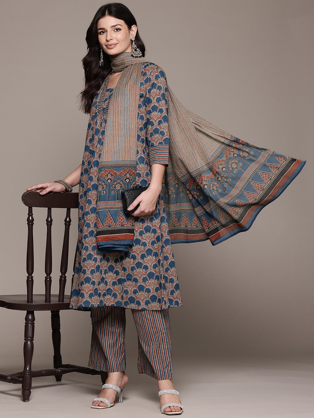 A Line Style Cotton Fabric Blue Color Kurta And Bottom With Dupatta