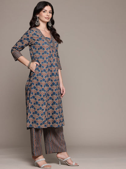 A Line Style Cotton Fabric Blue Color Kurta And Bottom With Dupatta