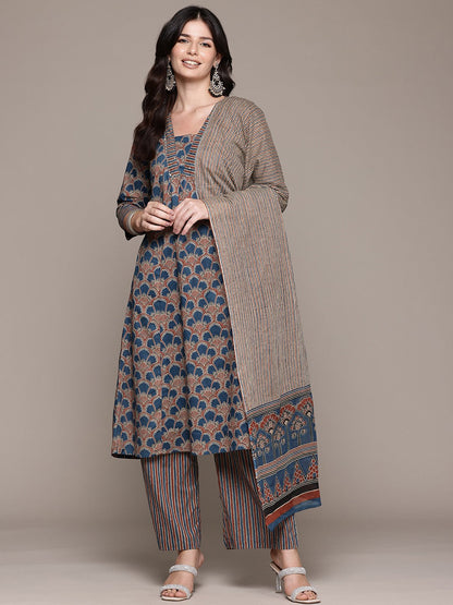 A Line Style Cotton Fabric Blue Color Kurta And Bottom With Dupatta