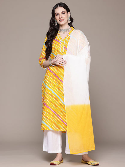 Straight Style Cotton Fabric Yellow Color Kurta With Bottom And Dupatta