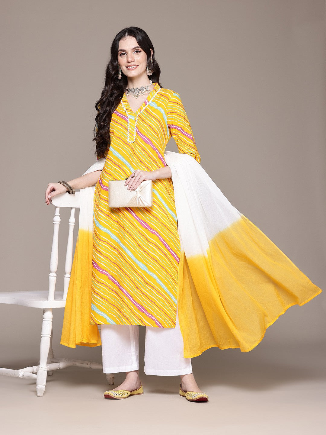 Straight Style Cotton Fabric Yellow Color Kurta With Bottom And Dupatta