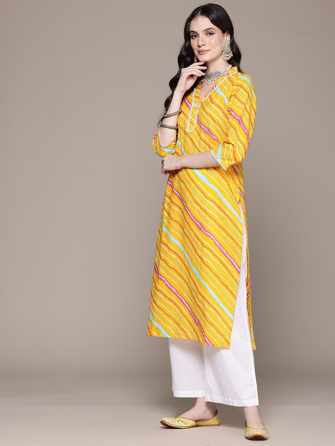 Straight Style Cotton Fabric Yellow Color Kurta With Bottom And Dupatta