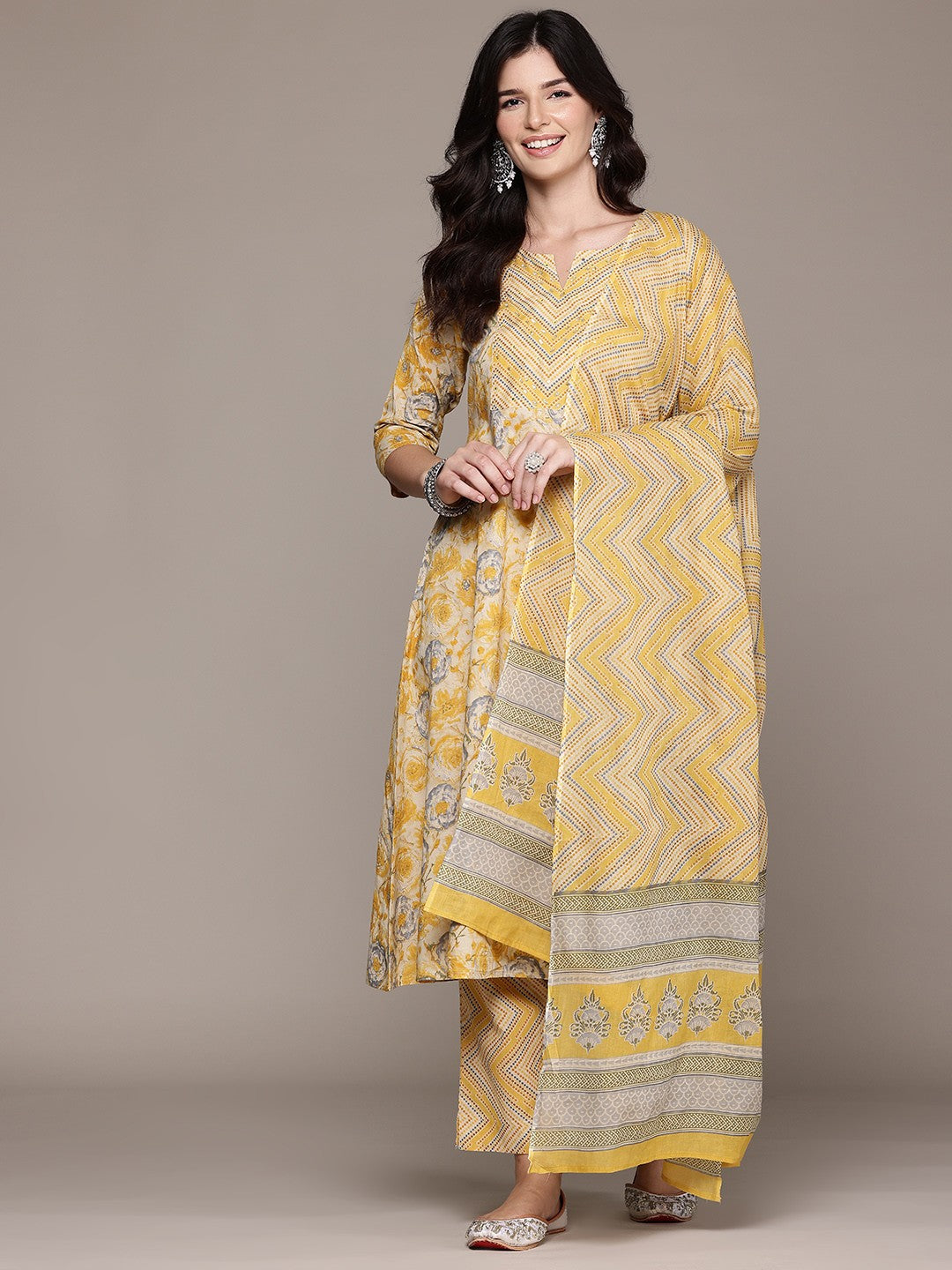 Straight Style Cotton Fabric Yellow Color Kurta With Bottom And Dupatta