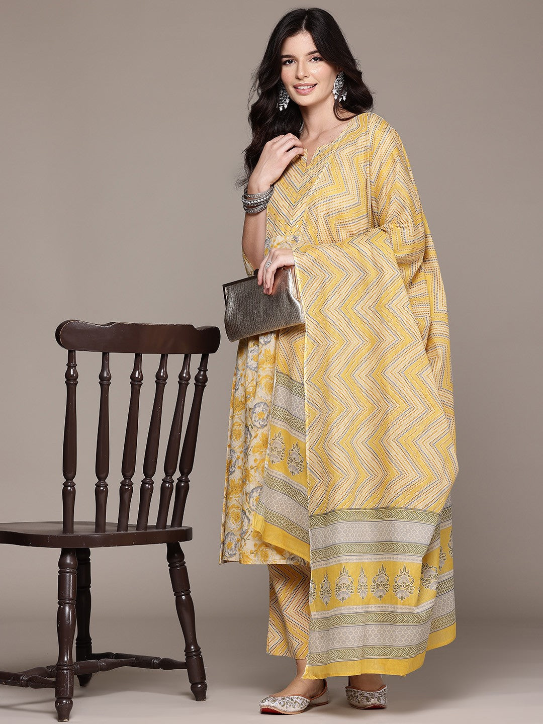 Straight Style Cotton Fabric Yellow Color Kurta With Bottom And Dupatta