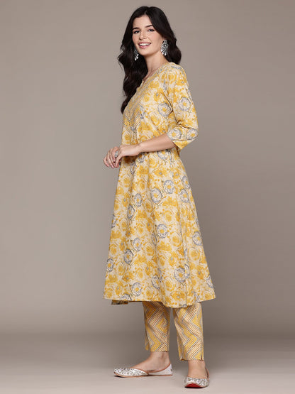 Straight Style Cotton Fabric Yellow Color Kurta With Bottom And Dupatta