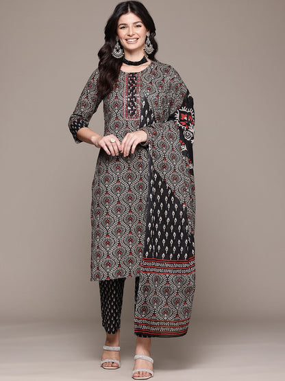 Straight Style Cotton Fabric Black Color Kurta And Bottom With Dupatta