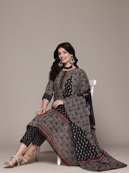 Straight Style Cotton Fabric Black Color Kurta And Bottom With Dupatta