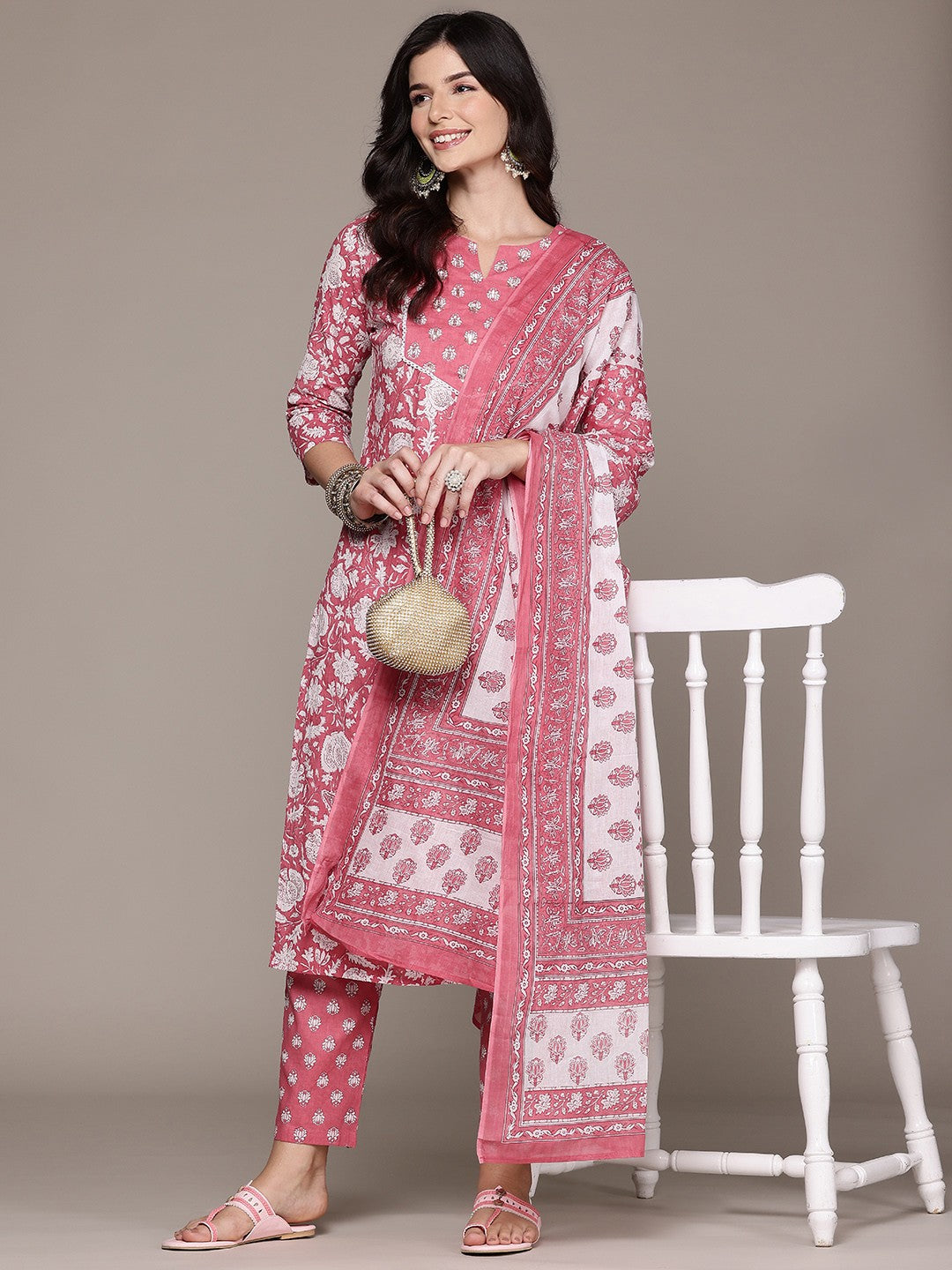 Straight Style Cotton Fabric Peach Color Kurta And Bottom With Dupatta