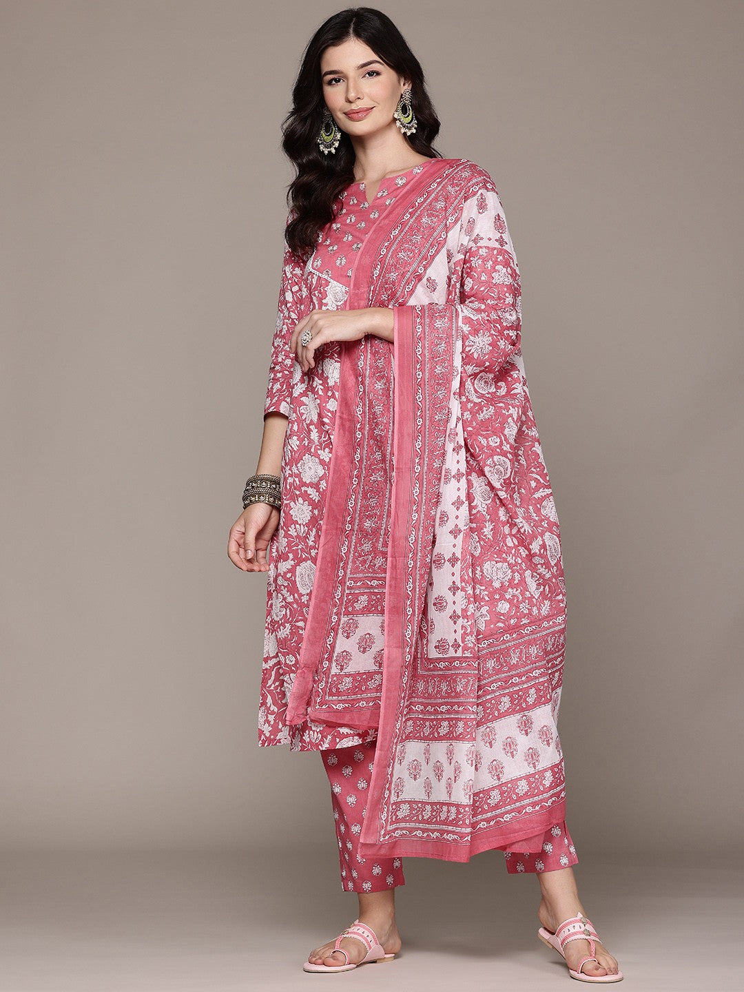 Straight Style Cotton Fabric Peach Color Kurta And Bottom With Dupatta