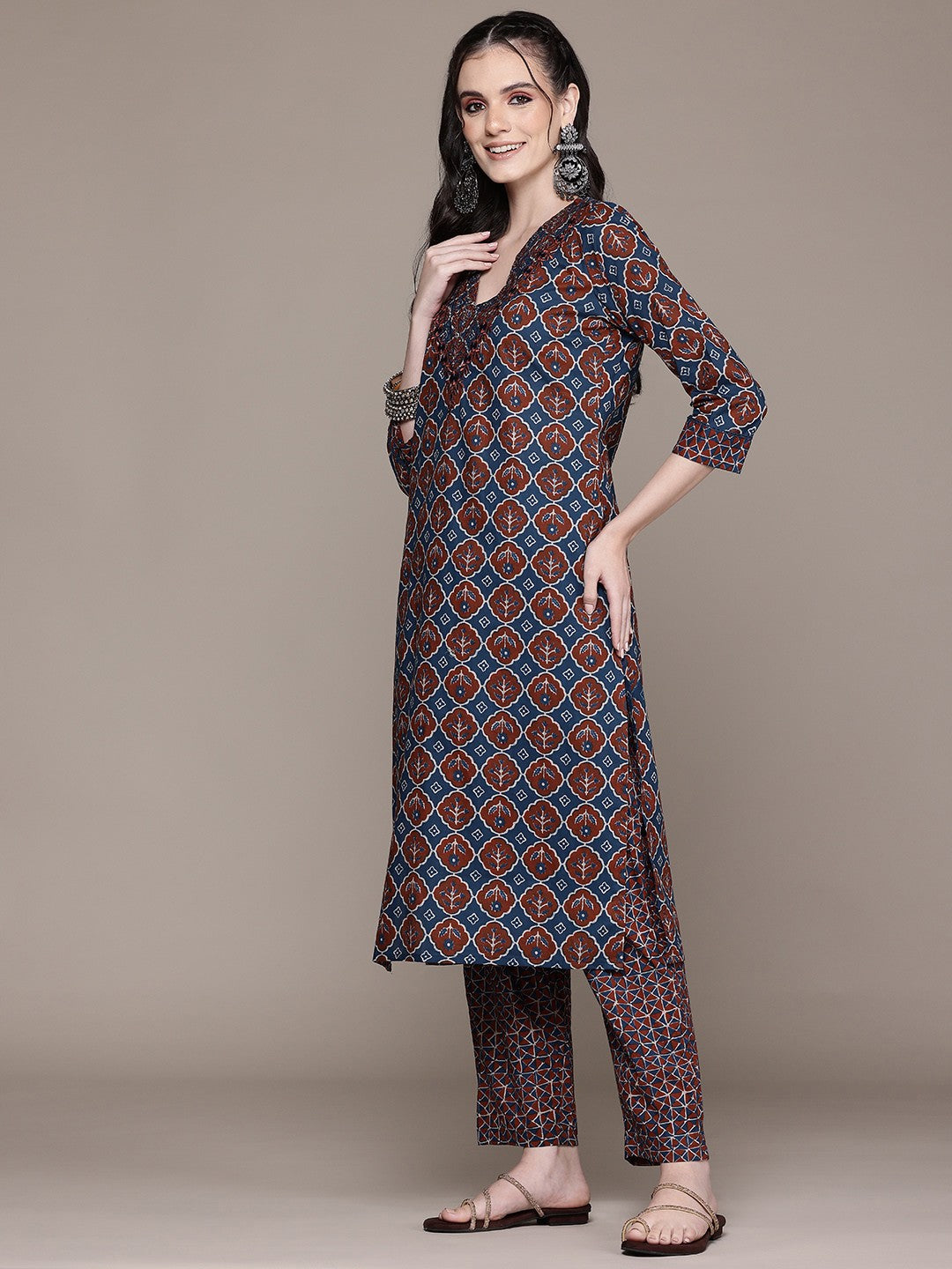 Straight Style Cotton Fabric Navy Blue Color Kurta And Bottom With Dupatta