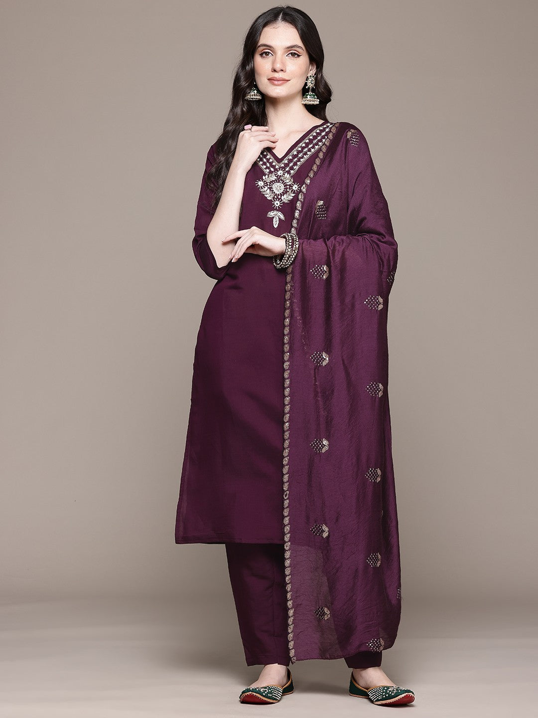 Straight Style Viscose Fabric Violet Color Kurta And Bottom With Dupatta