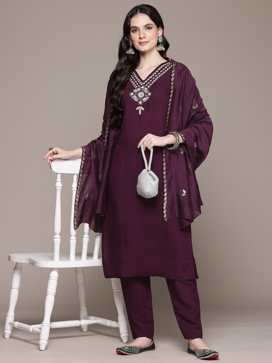 Straight Style Viscose Fabric Violet Color Kurta And Bottom With Dupatta