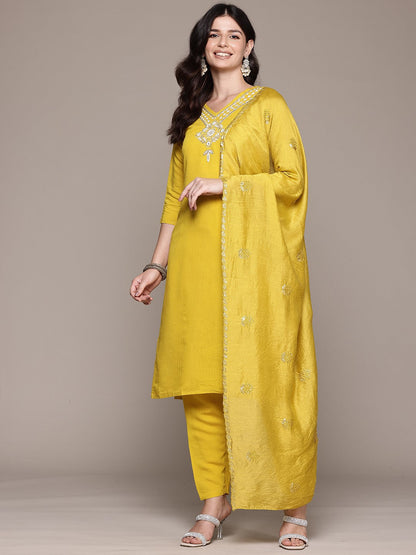 Straight Style Viscose Fabric Mustard Color Kurta And Bottom With Dupatta