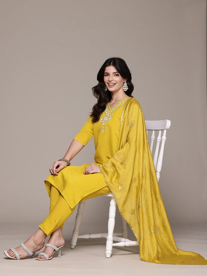 Straight Style Viscose Fabric Mustard Color Kurta And Bottom With Dupatta