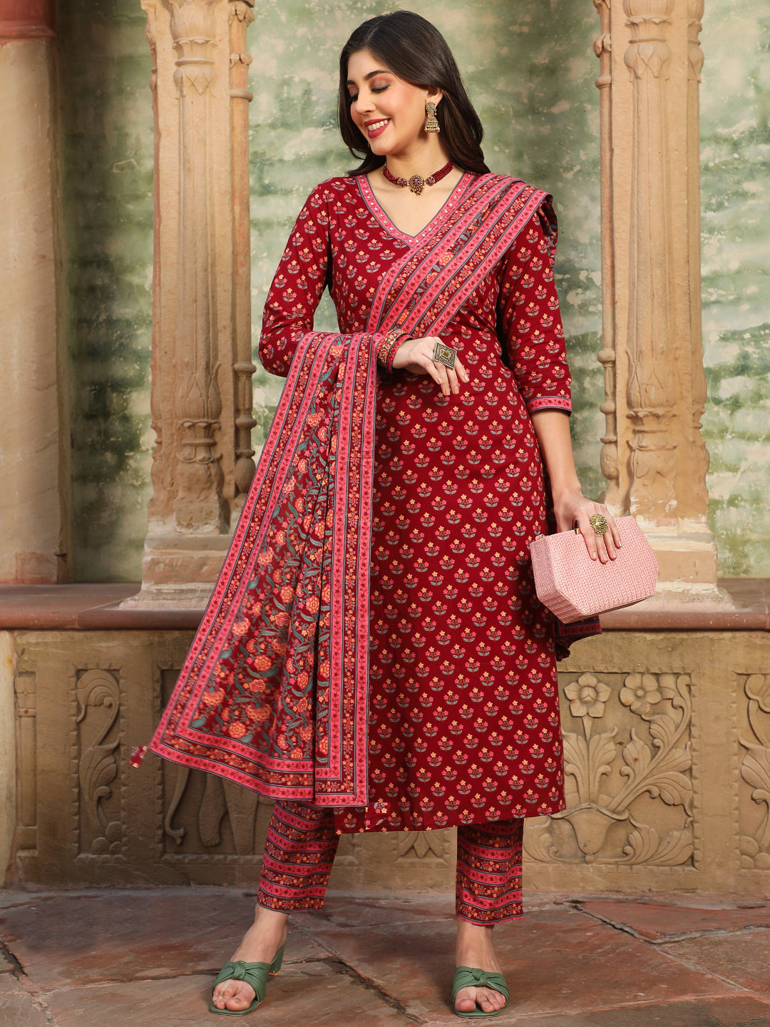 Cotton  Calf Length Printed Straight 3/4 Sleeves V-Neck Kurta Bottom Dupatta Set