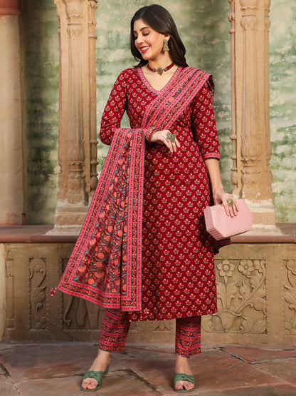 Cotton  Calf Length Printed Straight 3/4 Sleeves V-Neck Kurta Bottom Dupatta Set