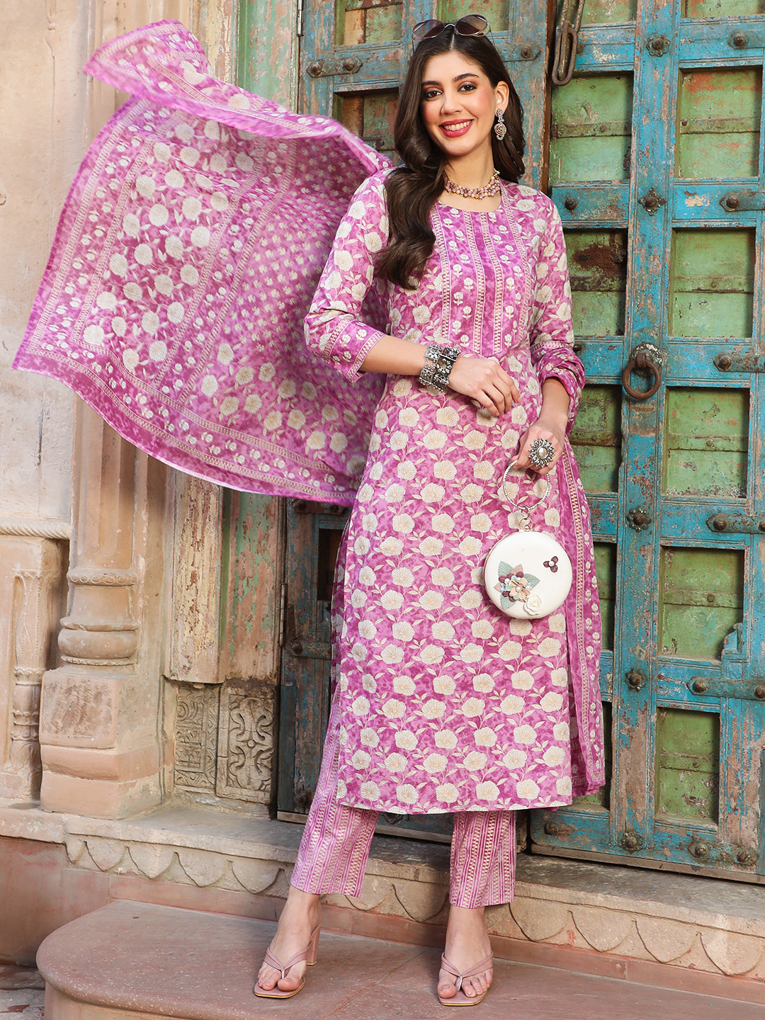 Cotton  Calf Length Printed Straight 3/4 Sleeves Round Kurta Bottom Dupatta Set