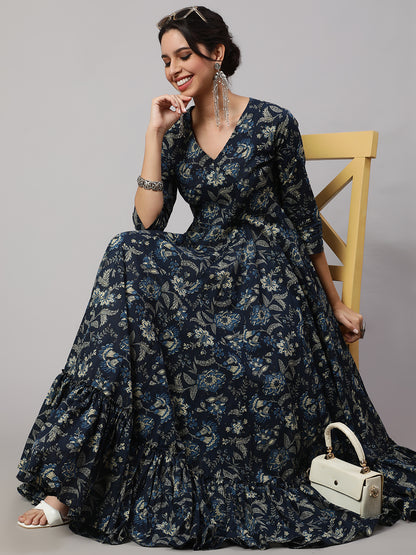 Floral Print V-Neck Flared Kurta