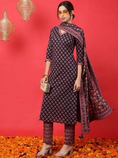 Cotton  Calf Length Printed Straight 3/4 Sleeves V-Neck Kurta Bottom Dupatta Set