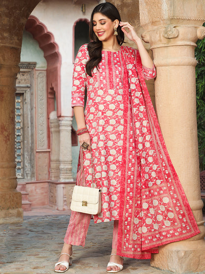 Cotton  Calf Length Printed Straight 3/4 Sleeves Round Kurta Bottom Dupatta Set