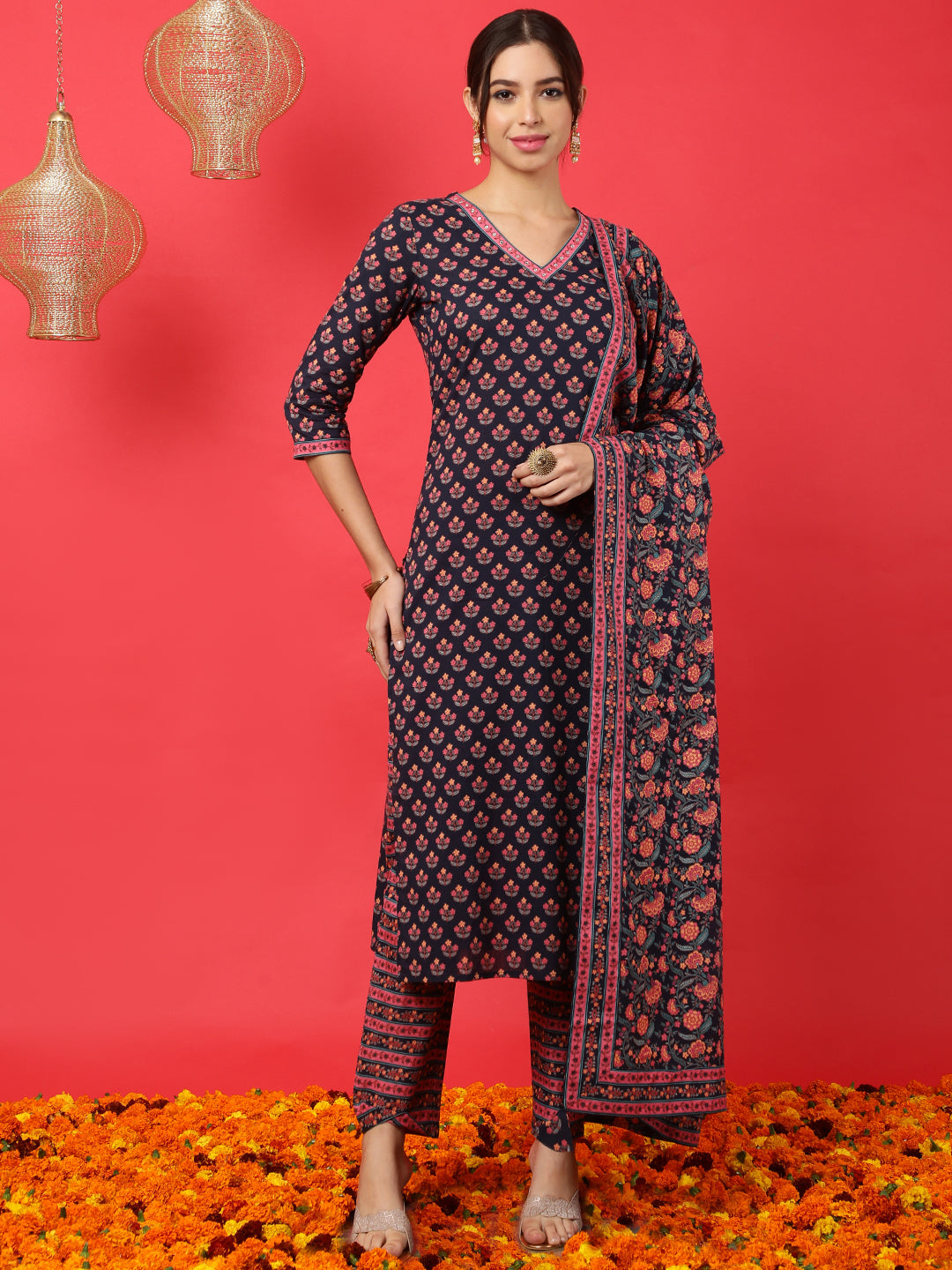 Cotton  Calf Length Printed Straight 3/4 Sleeves V-Neck Kurta Bottom Dupatta Set