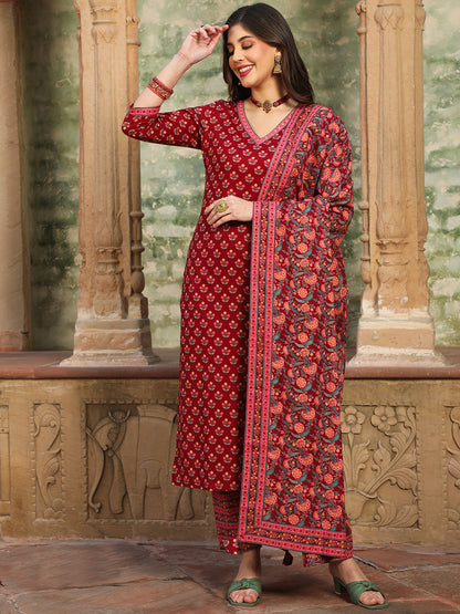 Cotton  Calf Length Printed Straight 3/4 Sleeves V-Neck Kurta Bottom Dupatta Set