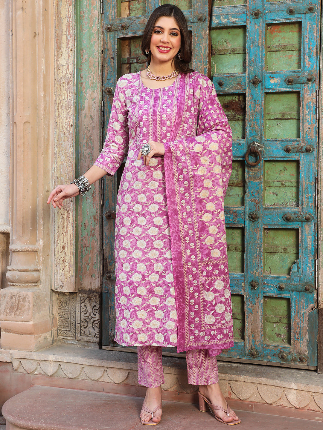 Cotton  Calf Length Printed Straight 3/4 Sleeves Round Kurta Bottom Dupatta Set