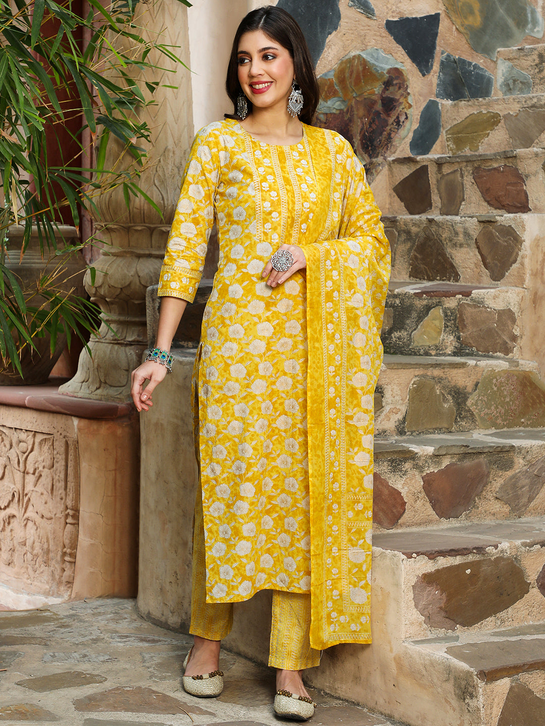 Cotton  Calf Length Printed Straight 3/4 Sleeves Round Kurta Bottom Dupatta Set