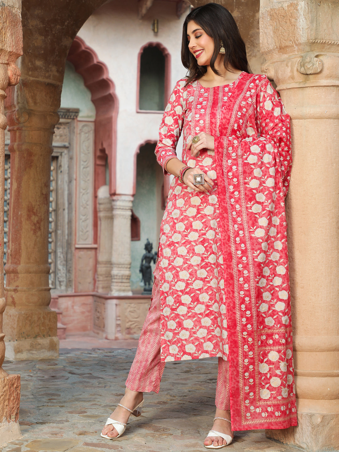 Cotton  Calf Length Printed Straight 3/4 Sleeves Round Kurta Bottom Dupatta Set