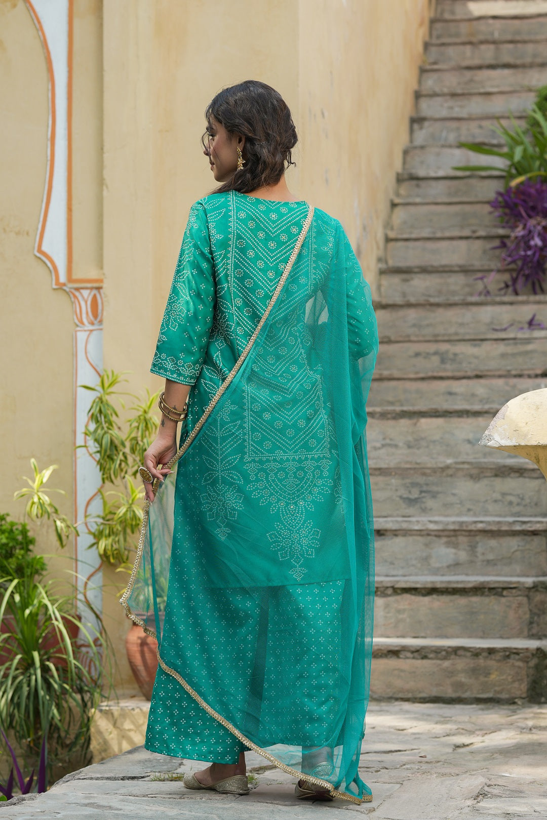 Teal Bandhani Printed Shantoon Kurta Palazzo & Net Dupatta Set With Lace & Beads Work