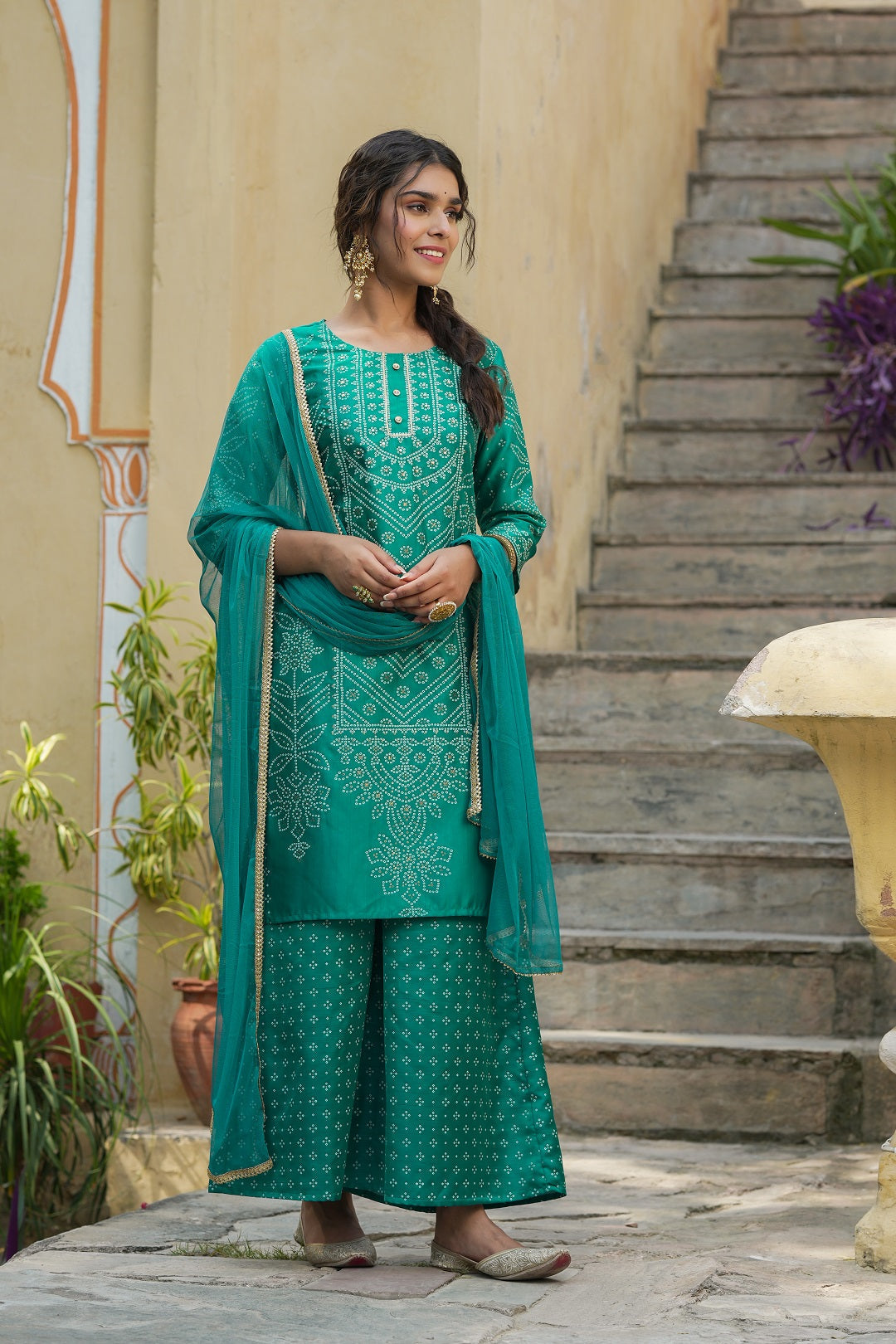 Teal Bandhani Printed Shantoon Kurta Palazzo & Net Dupatta Set With Lace & Beads Work