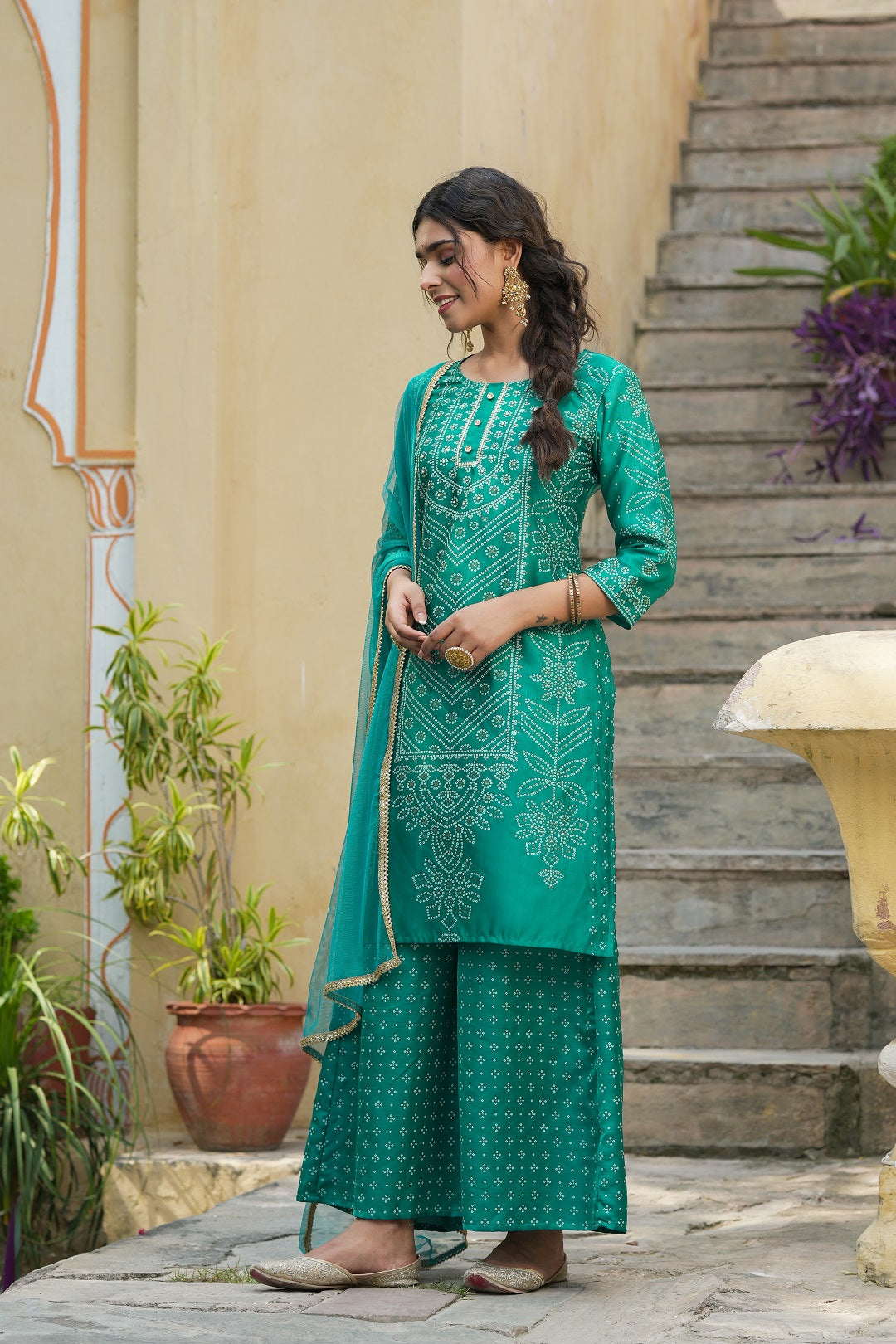 Teal Bandhani Printed Shantoon Kurta Palazzo & Net Dupatta Set With Lace & Beads Work