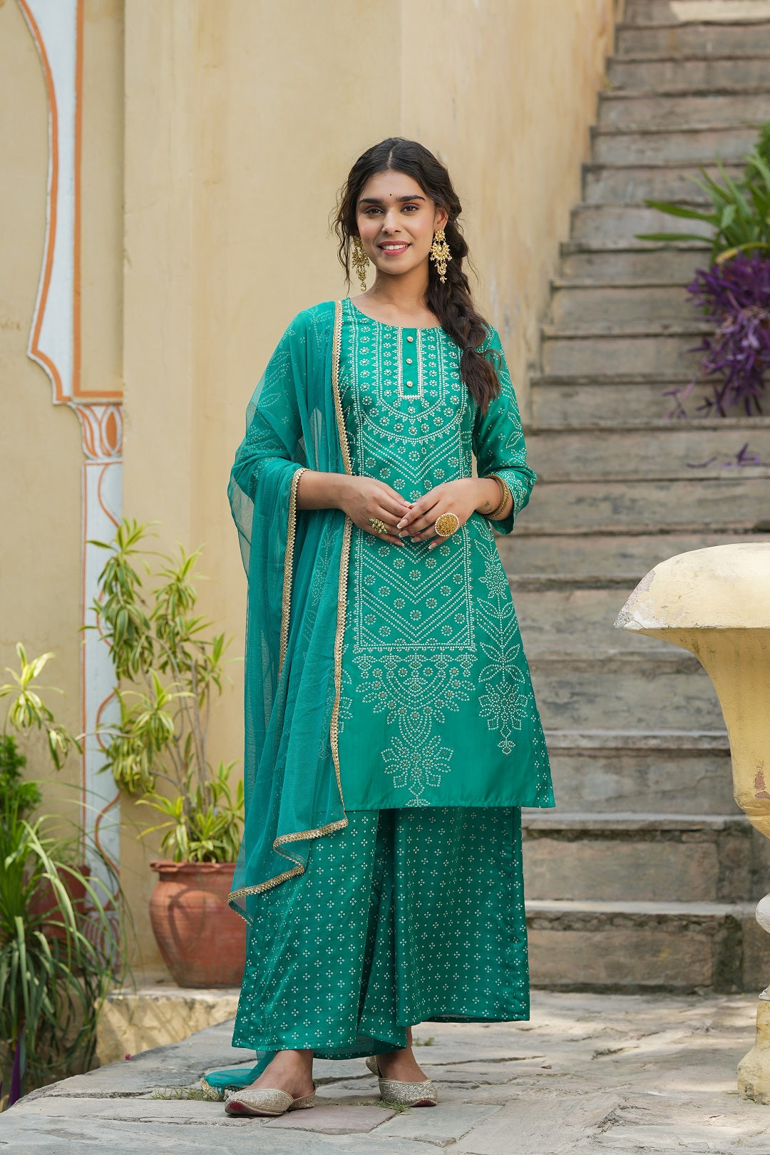 Teal Bandhani Printed Shantoon Kurta Palazzo & Net Dupatta Set With Lace & Beads Work