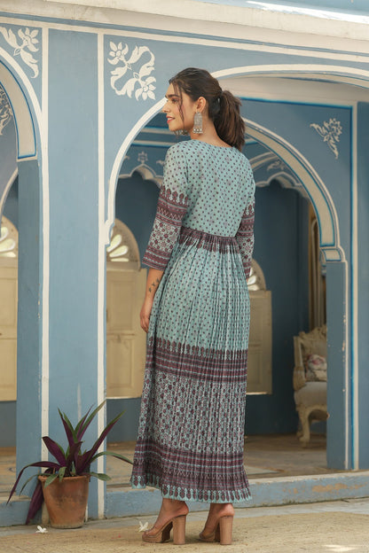 Sky Blue Ethnic Motif Printed Muslin Maxi Dress With Beads Work