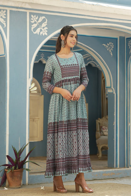 Sky Blue Ethnic Motif Printed Muslin Maxi Dress With Beads Work